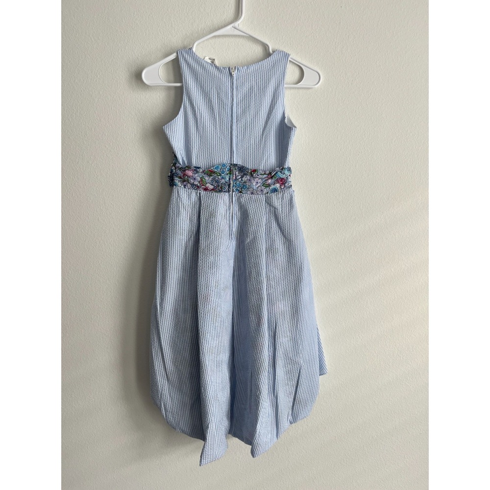 Rare Editions Dress Girls 10 Blue White Striped Seersucker Floral Bow Tie Waist - Picture 2 of 5